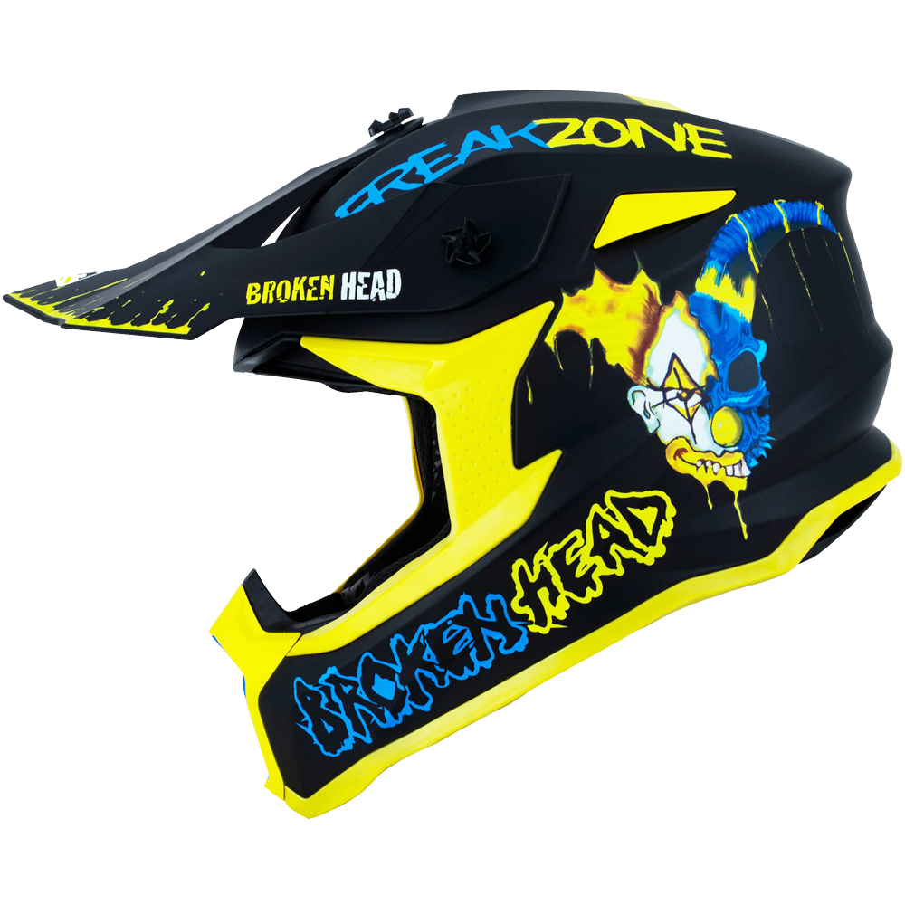 Broken Head Supermoto und MX Helm Freakzone Schwarz Gelb Blau
